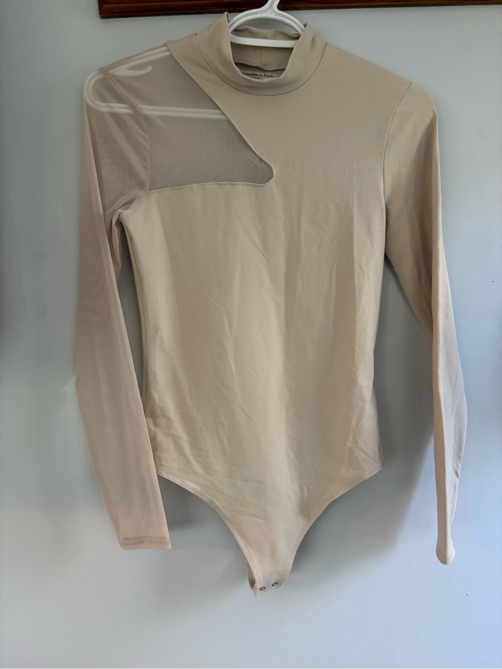 Abercrombie & Fitch Cream Long-Sleeve Mock Neck Bodysuit with Sheer Panel
